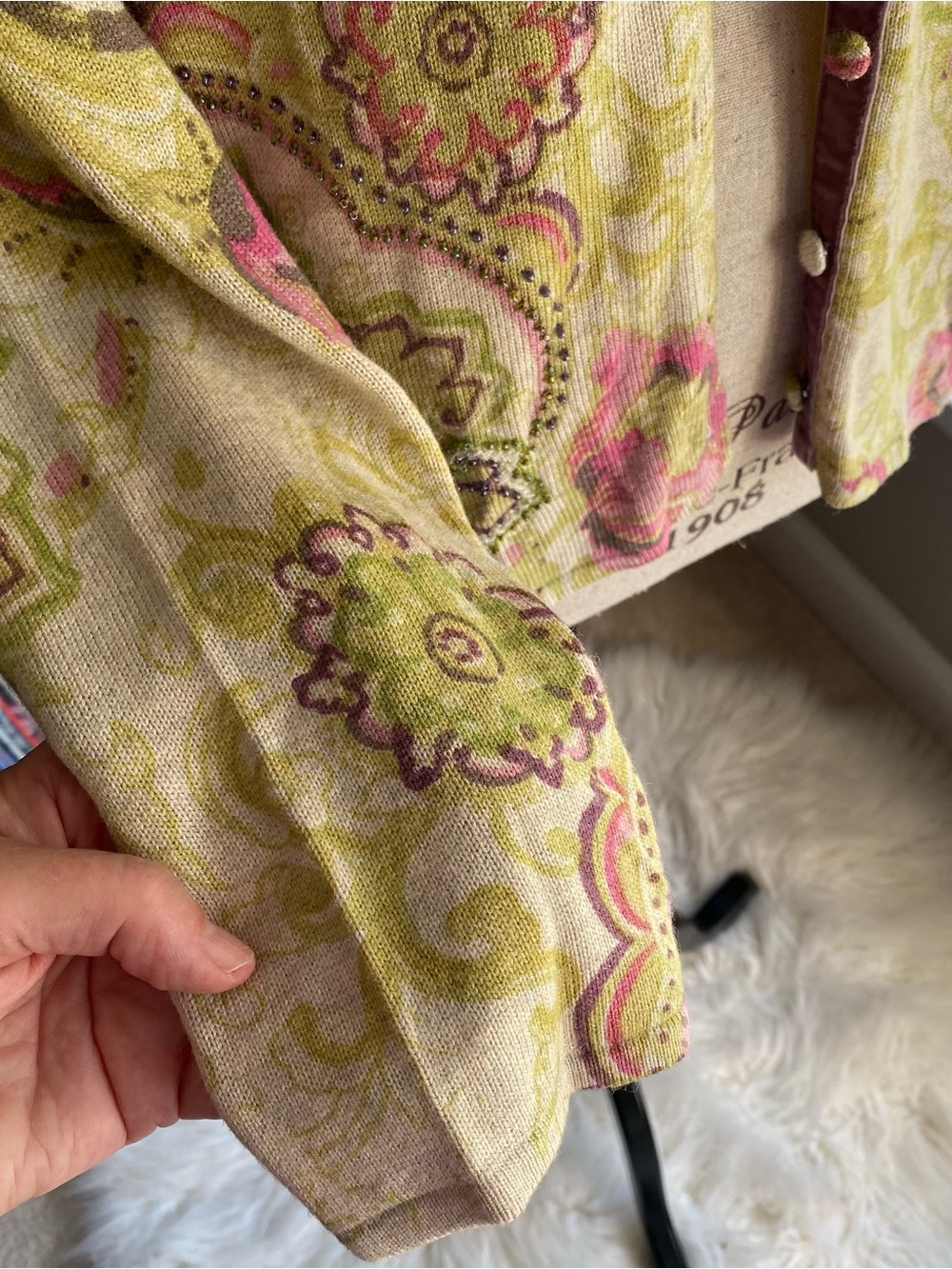 Sigrid Olsen Paisley Button-Front Long Sleeve Cardigan, in Green-Pink M EUC - Picture 11 of 14